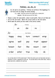 Worksheets for kids - prefixes – un, dis, re